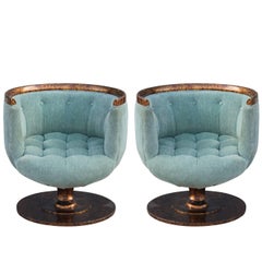 Pair of Modern Barrel Back Swivel Pedestal Chairs in Blue with Tortoise Finish