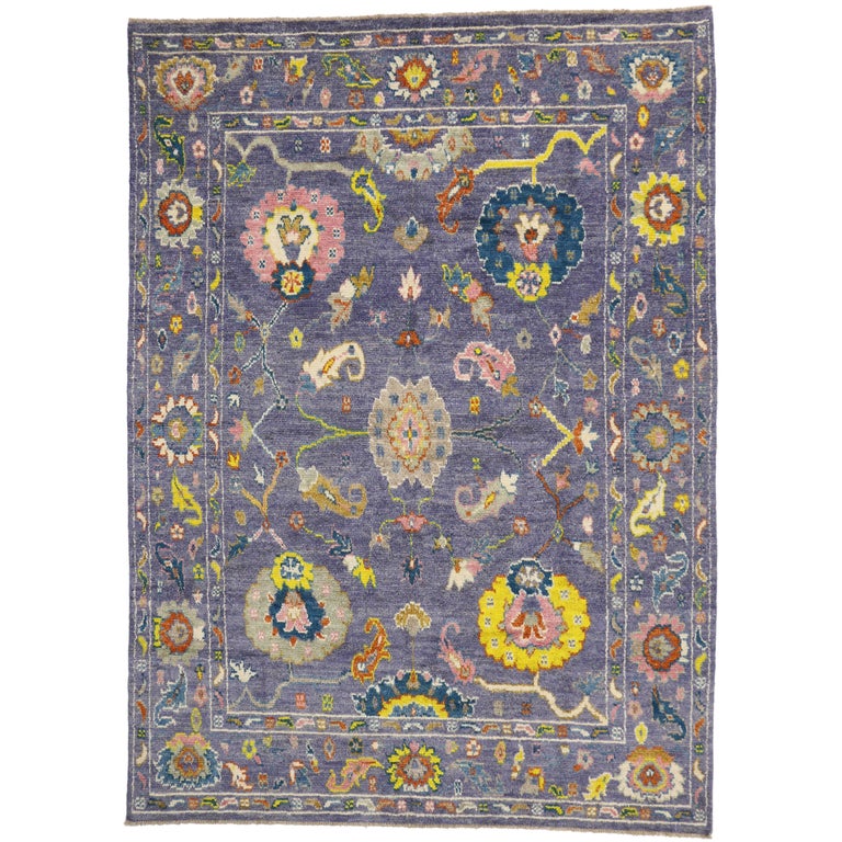 Modern Oushak Style Rug with Bright Colors, Contemporary Lavender Oushak Rug For Sale at 1stdibs