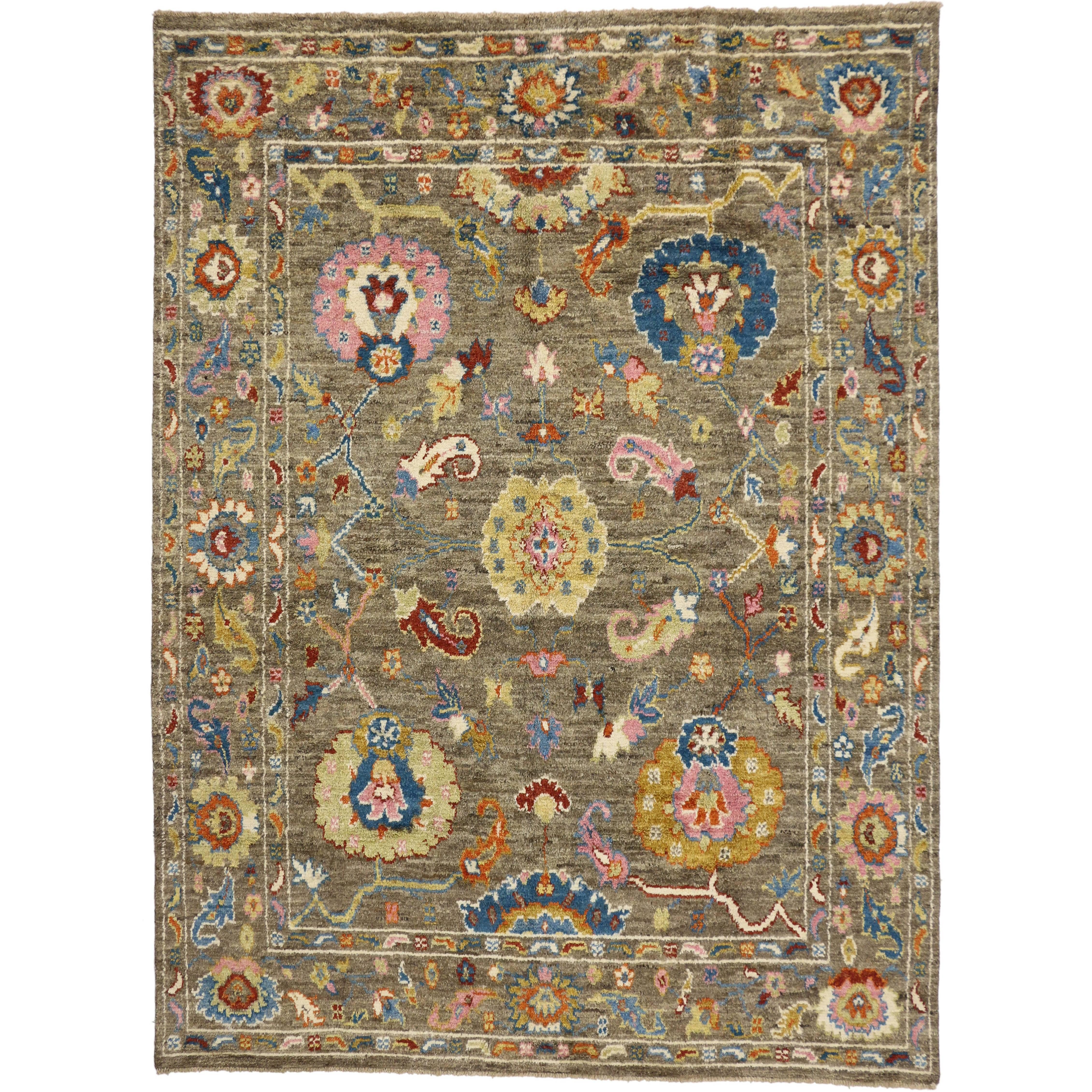 Modern Oushak Style Rug with Bright Colors, Contemporary Oushak Rug