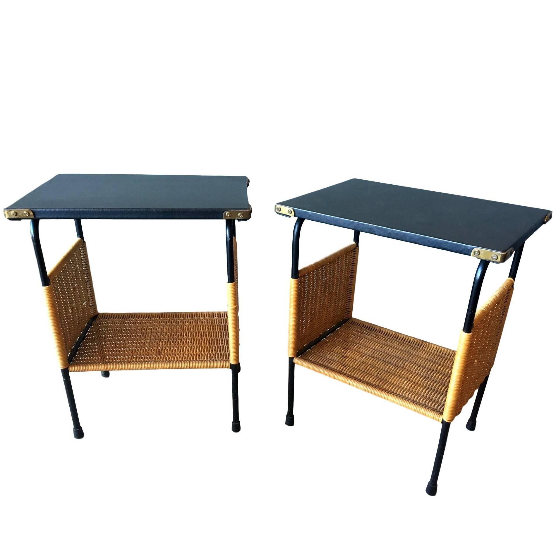 Rare Jacques Adnet Leather and Wicker Side Tables