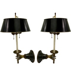 Pair of 1880s Brass Hand Sconces with Tole Shades