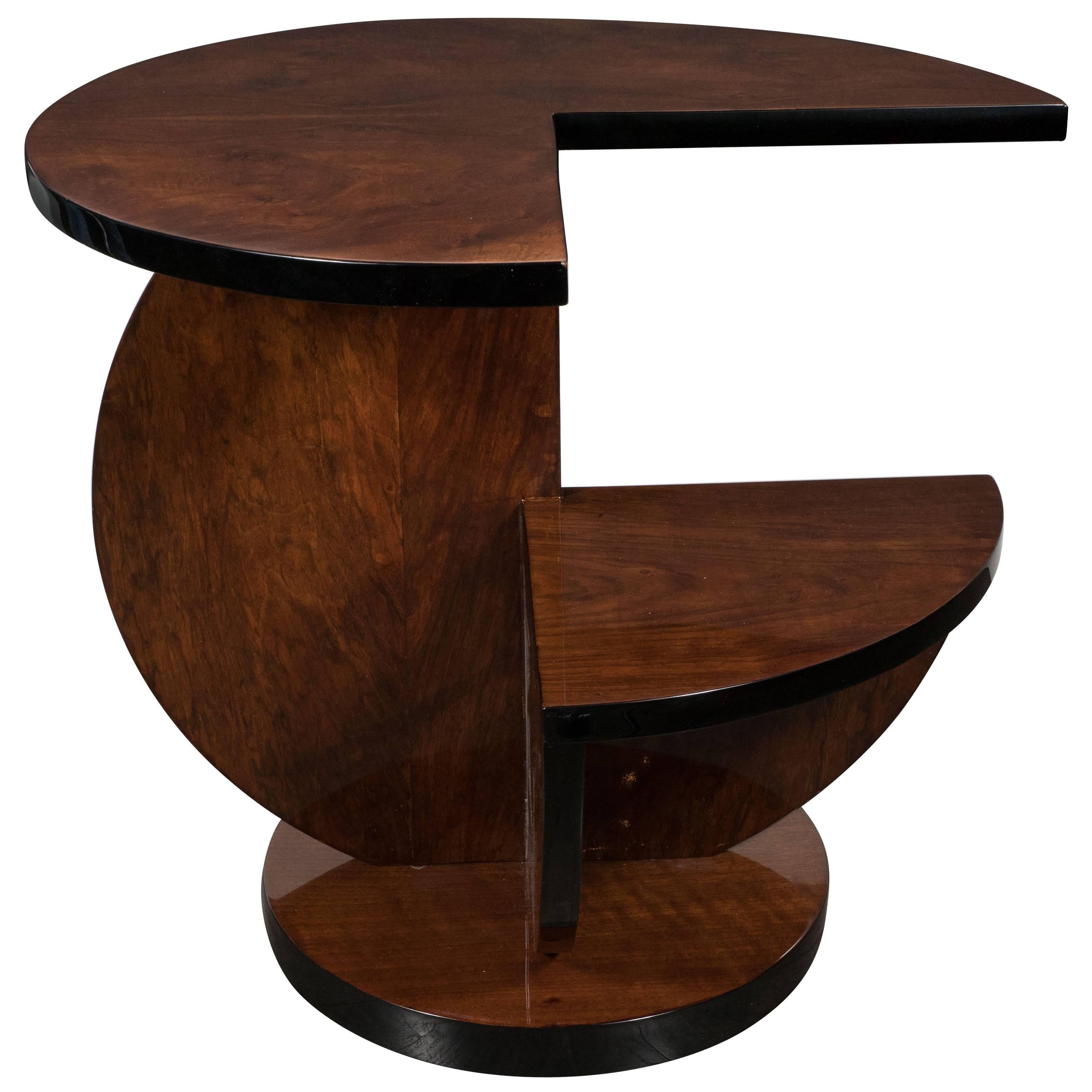 French Art Deco Cubist Side Table in Bookmatched Burled Walnut and Black Lacquer