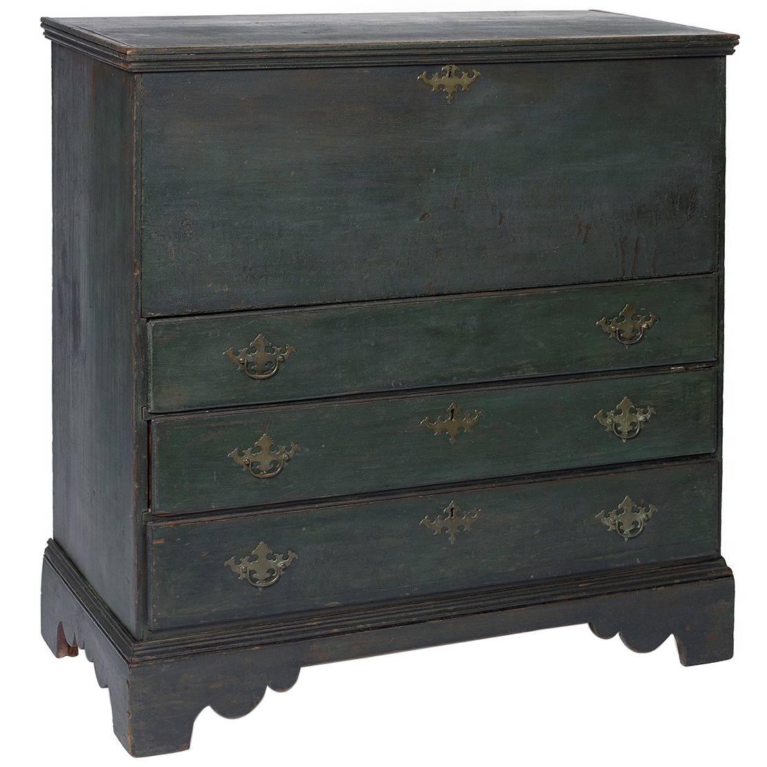 Country Chippendale Green-Painted Lift-Top Chest-over-Drawers For Sale