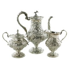 Sterling Silver Loring Andrews Three-Piece Repousse Castle Pattern Tea Set