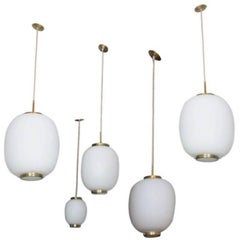 Collection of Five Opaline Glass and Brass Ceiling Fixtures for Lyfa, 1950s