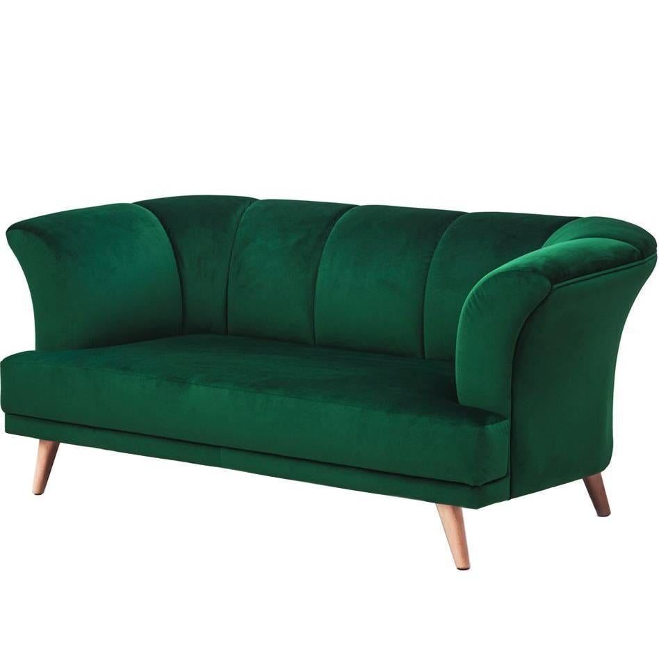 Modern Art Deco Style Emerald Velvet Sofa Martinique Handcrafted & Customizable For Sale