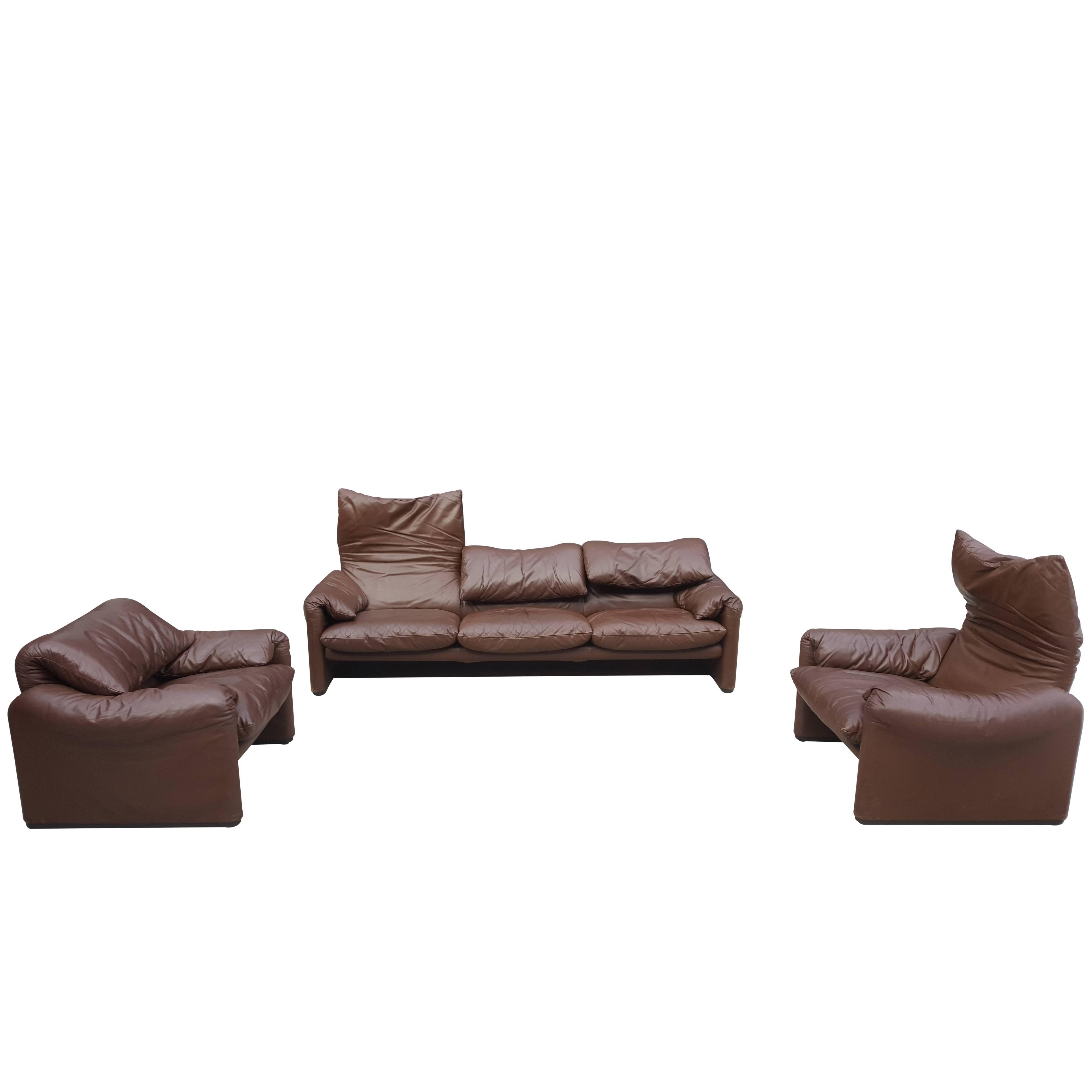 Maralunga Brown Choclat Sofa Set by Vico Magistretti for Cassina