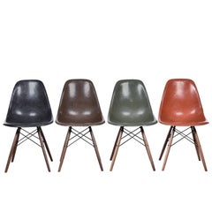 Vintage Set of Four Eames DSW Herman Miller, USA Dining Chairs Black, Brow, Green & Red