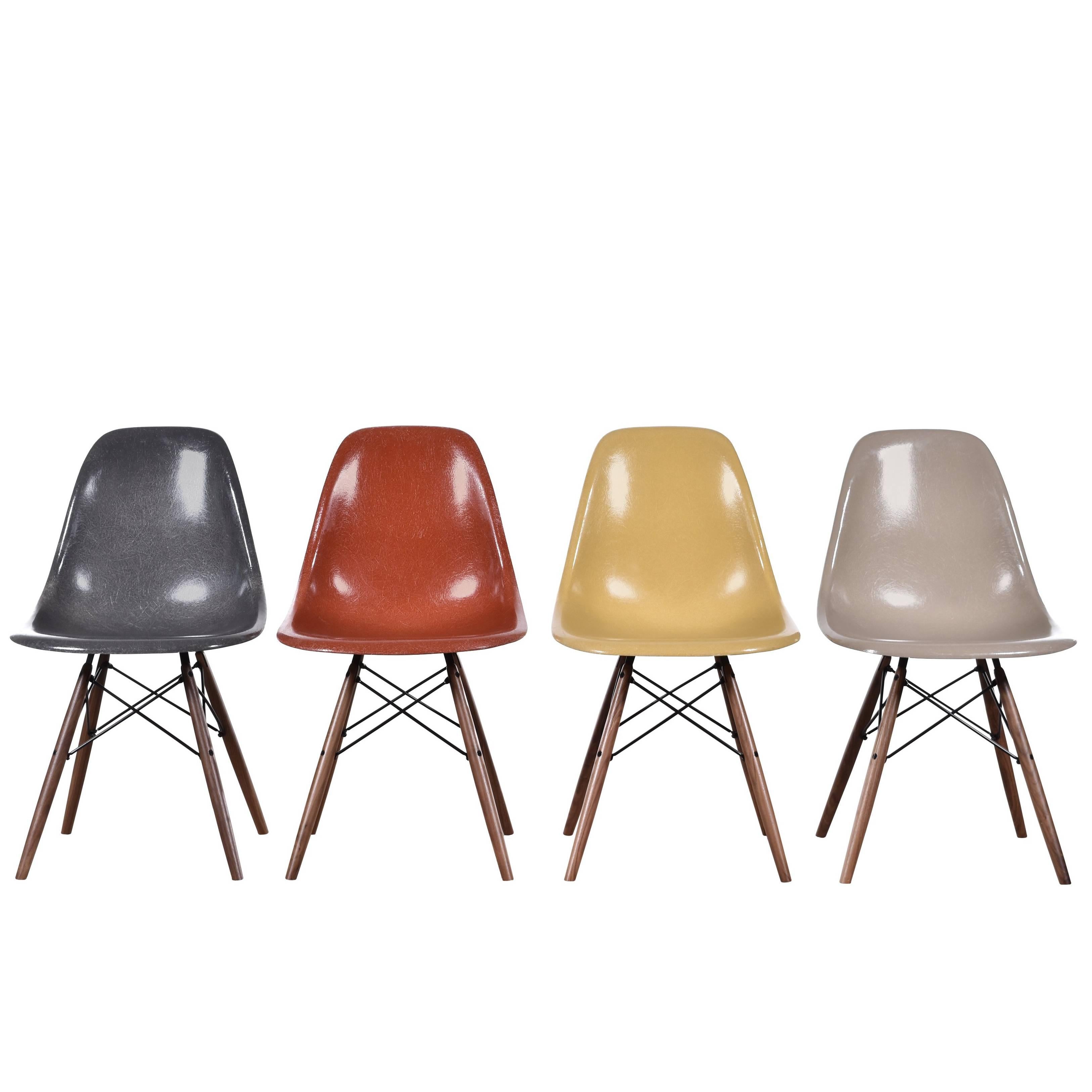 Set of Four Eames DSW Herman Miller, USA Dining Chairs - Grey, Red, Ochre, Beige