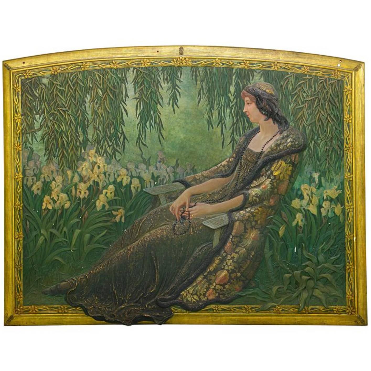 Massive Art Nouveau Painted Wall Panel of a Seated Woman with Irises in a Garden