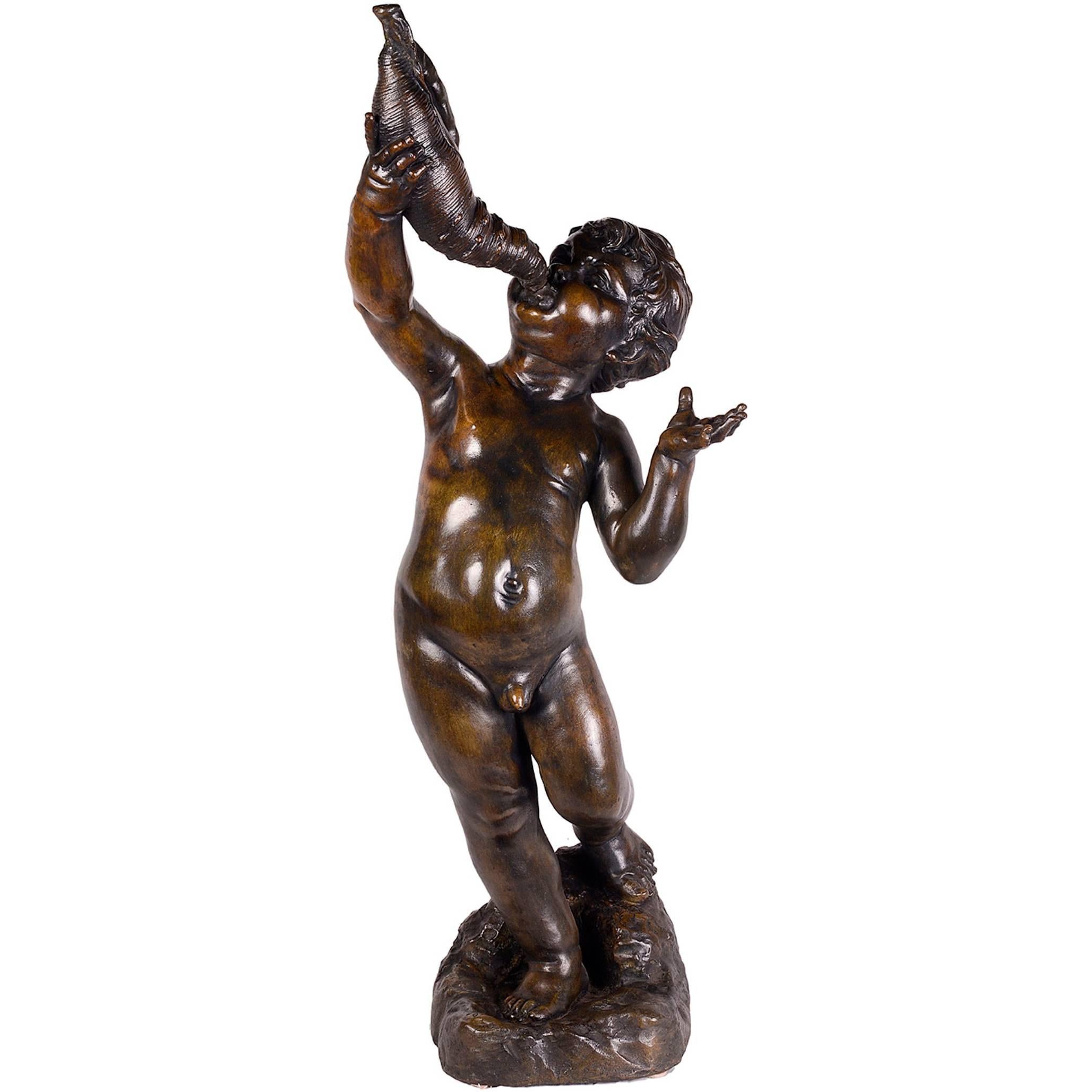 Large Classical Bronze Putti Drinking from a Shell, 19th Century
