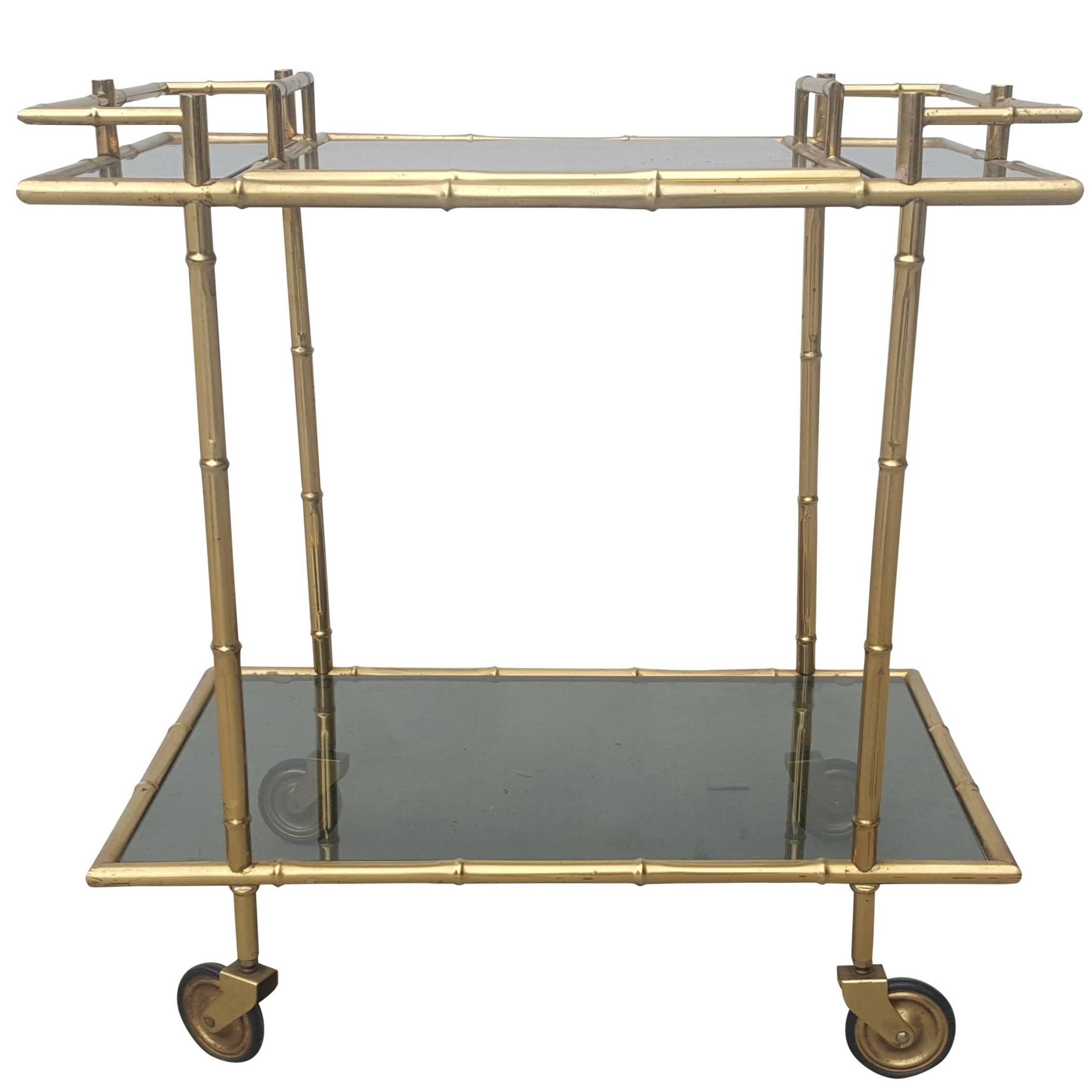 Faux Bambou Trolley Bar Cart in Bass For Sale