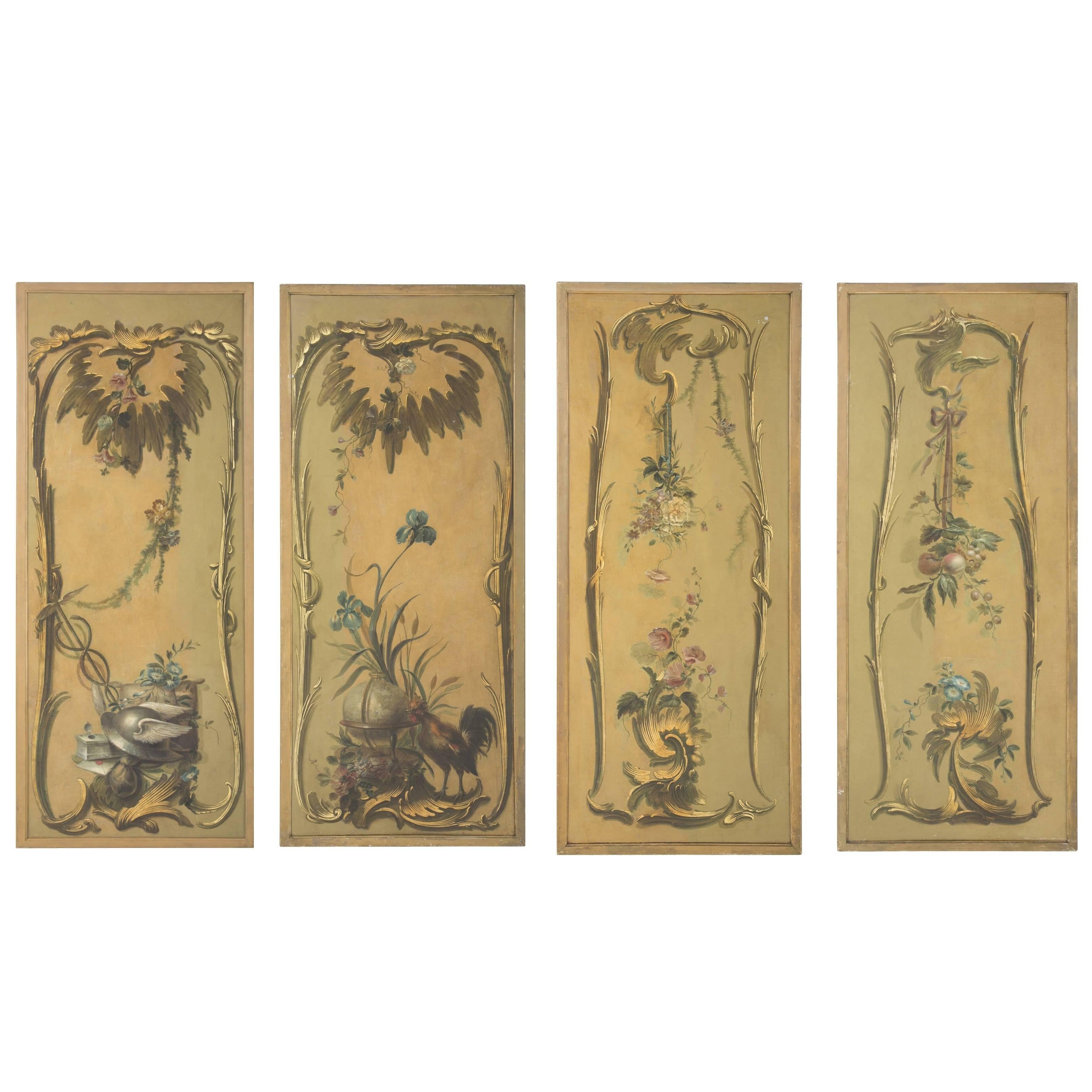 French Set of Four Large Chinoiserie Painted Panels