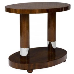 1940s Oval Side Table, Solid Walnut and Veneer, Nickel Plated Brass, France