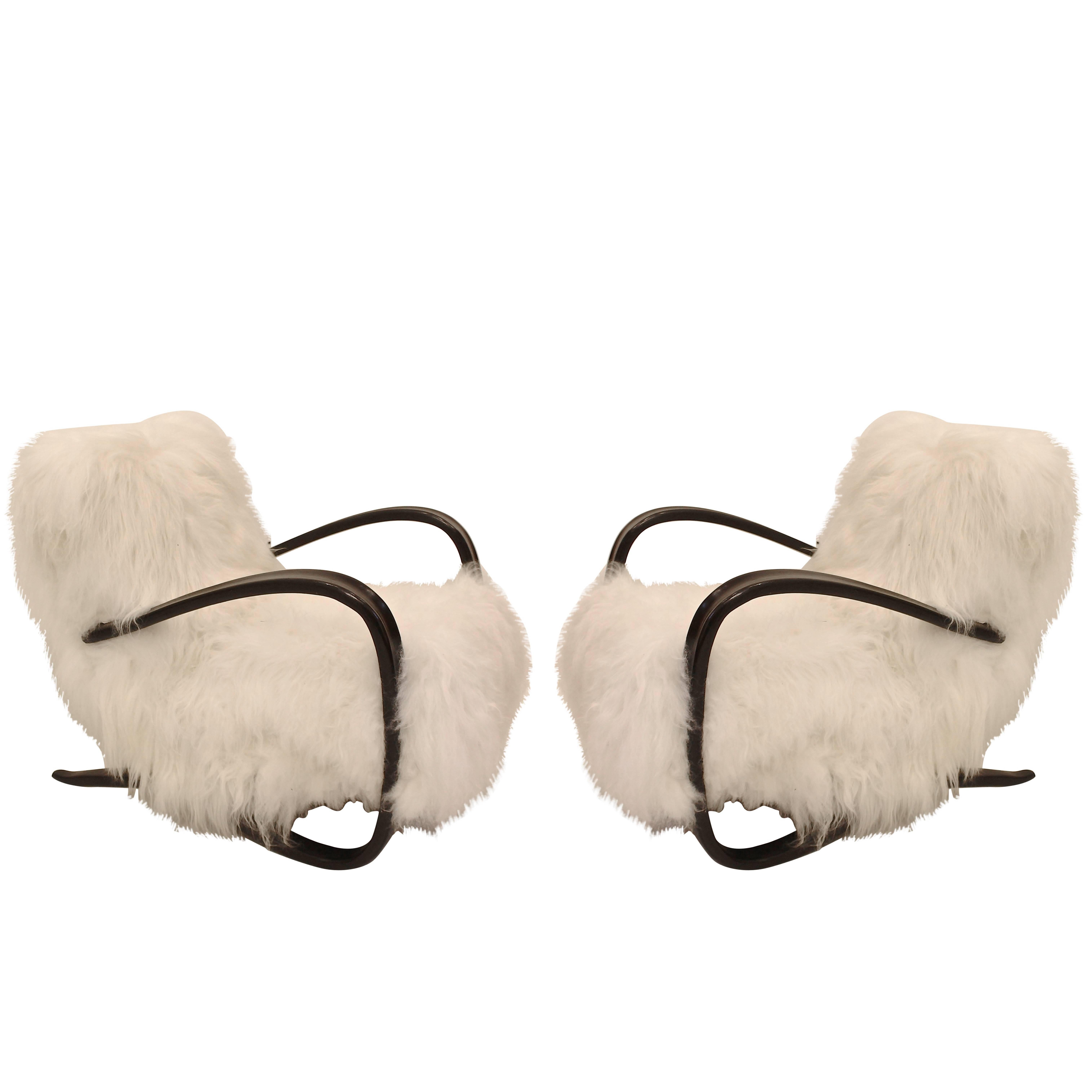 Pair of Midcentury Jindrich Halabala Armchairs in Bentwood and Sheepskin