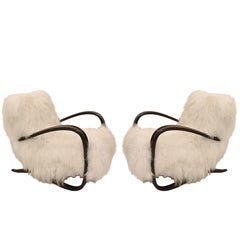 Pair of Midcentury Jindrich Halabala Armchairs in Bentwood and Sheepskin