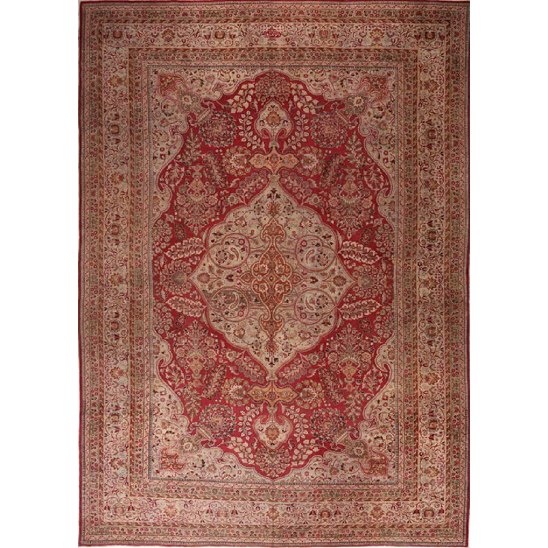 Handwoven Persian Mashad Rug in Red with Scalloped Medallion For Sale
