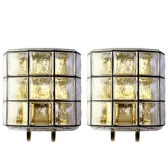 Large Mid-Century Pair of Iron and Bubble Glass Wall Lights by Glashütte Limburg