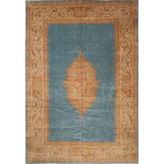 Handwoven Antique Persian Kerman Rug, circa 1960 in Blue with Rose and Gold