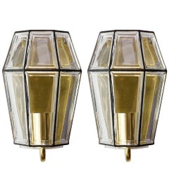 Vintage Pair of Iron & Clear Glass Wall-Mounted Light Fixtures by Glashütte Limburg 1965