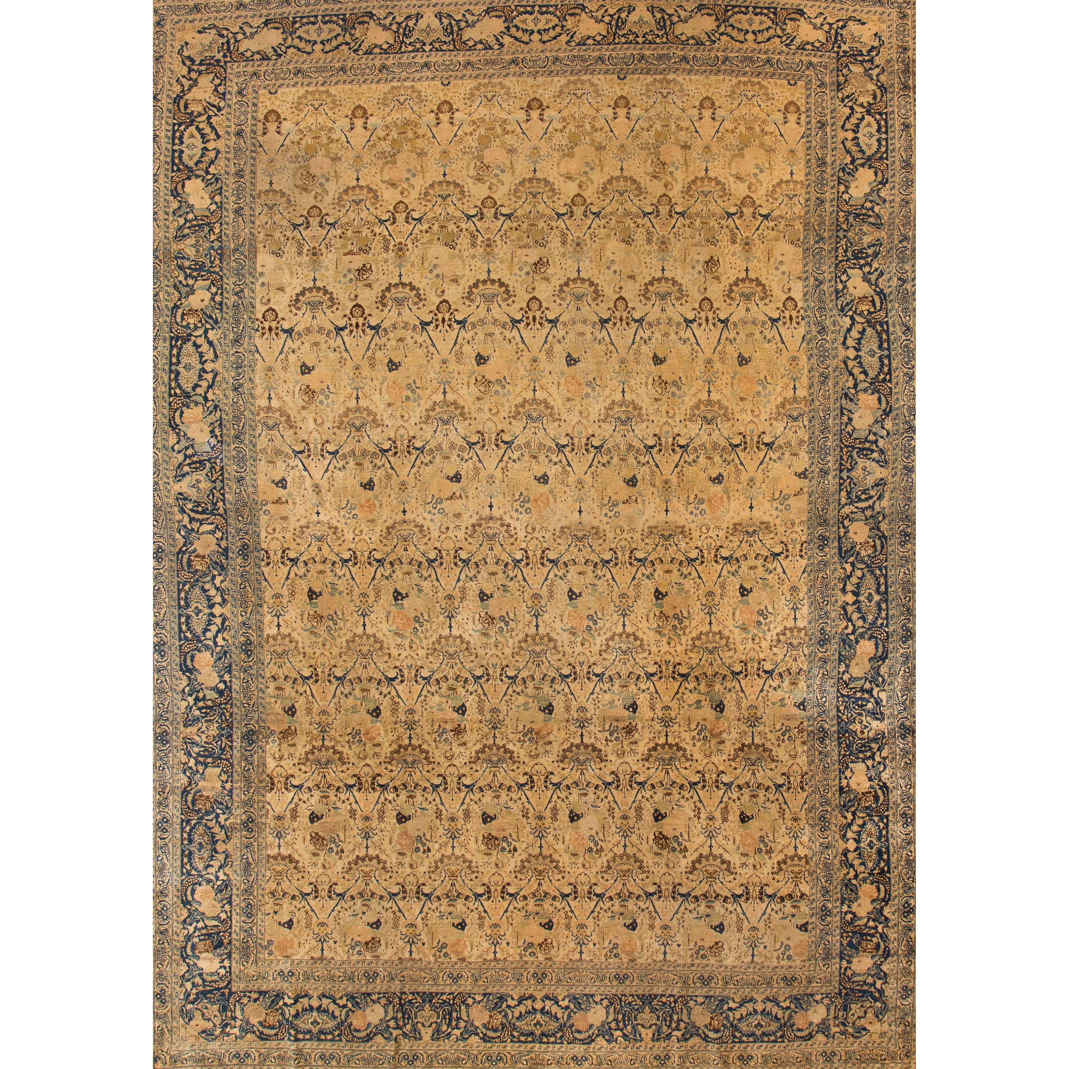 Antique  Beige and Blue Persian Kashan Rug For Sale