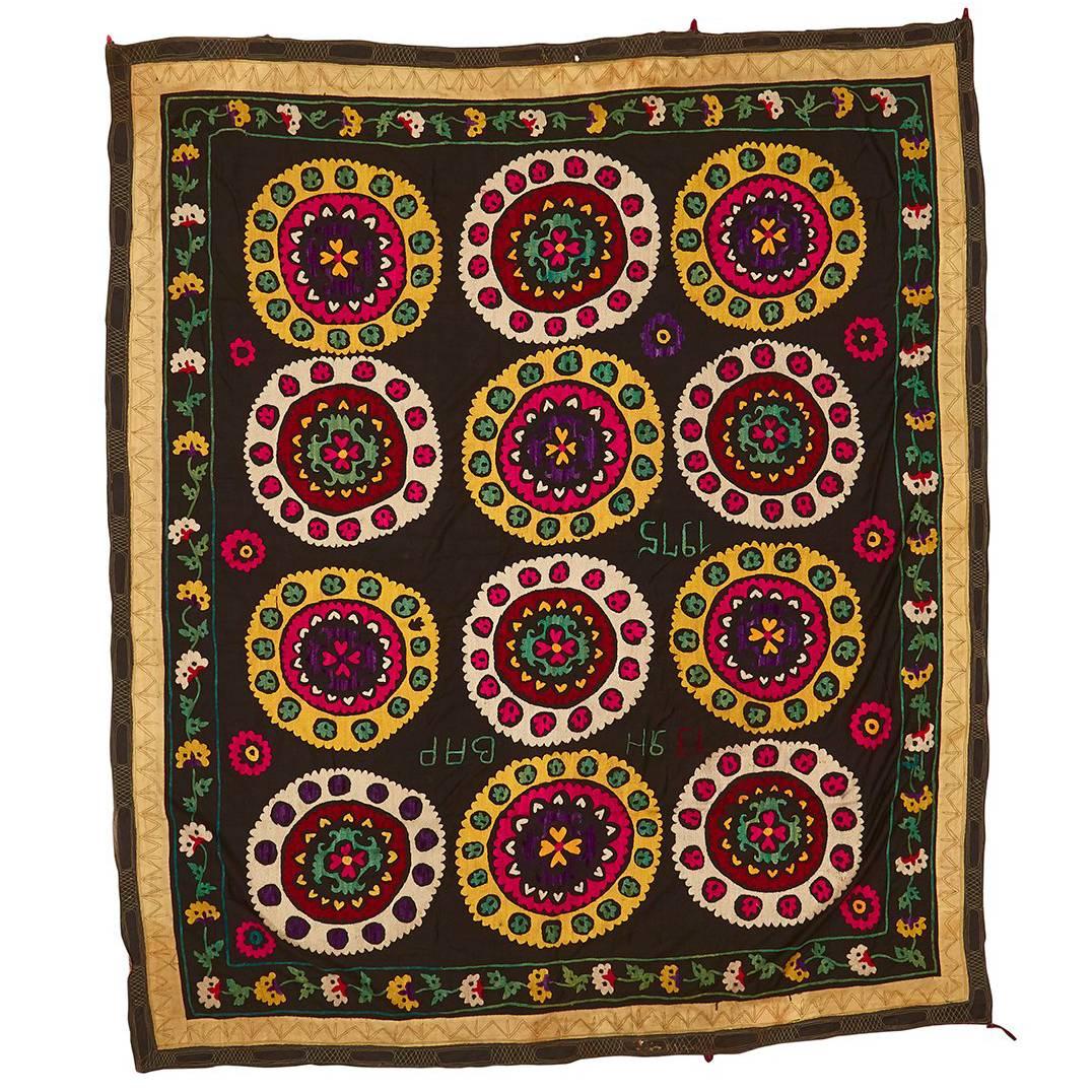 Vintage Black, Pink and Yellow Suzani Textile For Sale