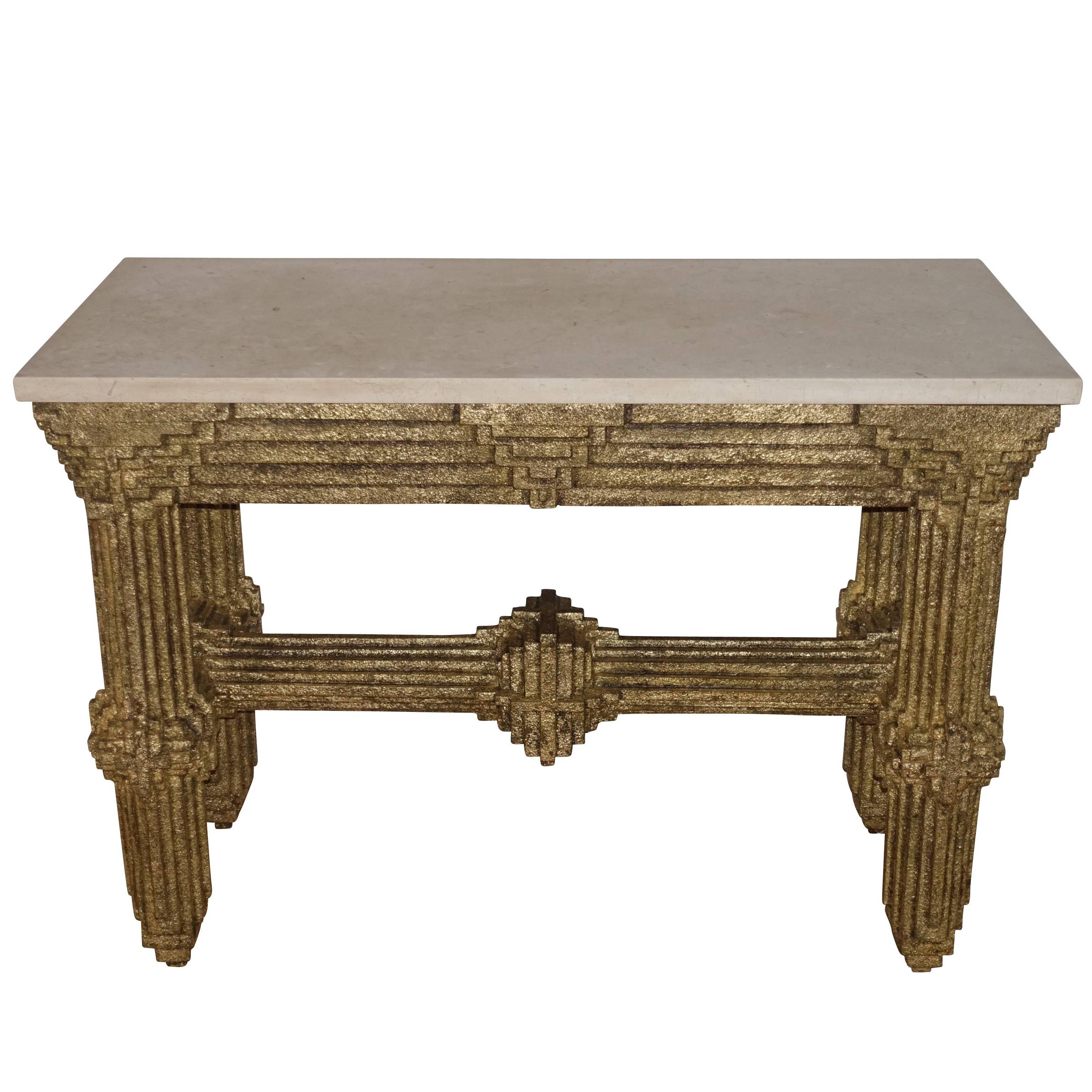 Gold Gilt Multi Layered Wood and Travertine Top Brutalist Console, France, 1950s