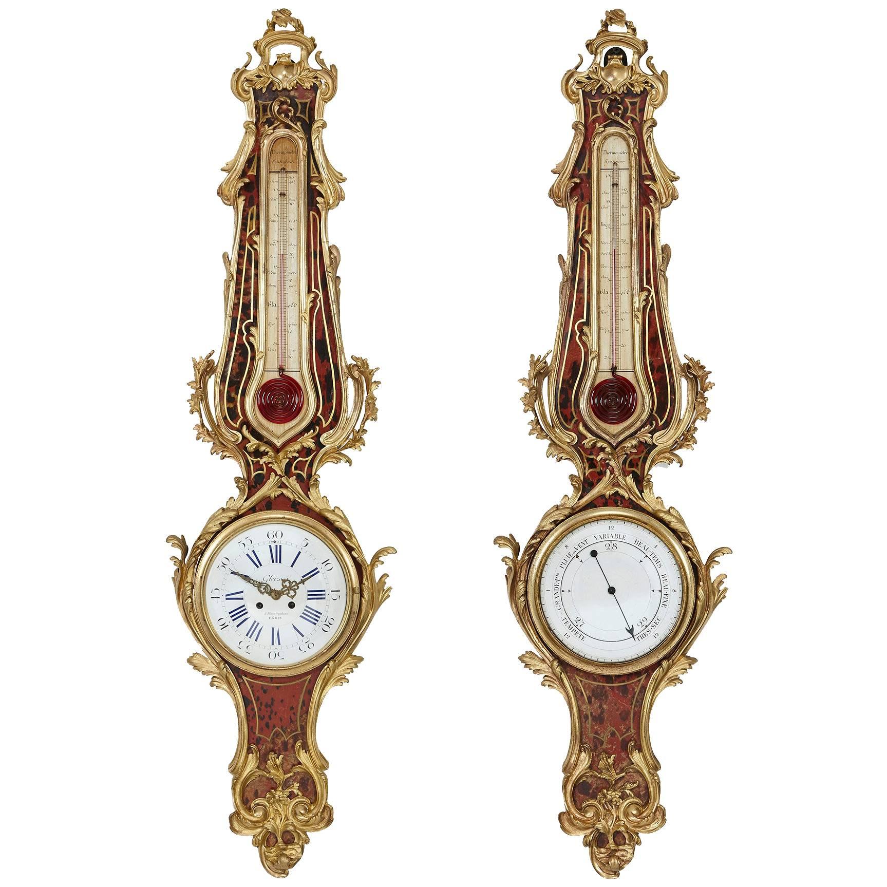 Louis XV Style Ormolu-Mounted Tortoiseshell Clock and Barometer Set by Gleizes