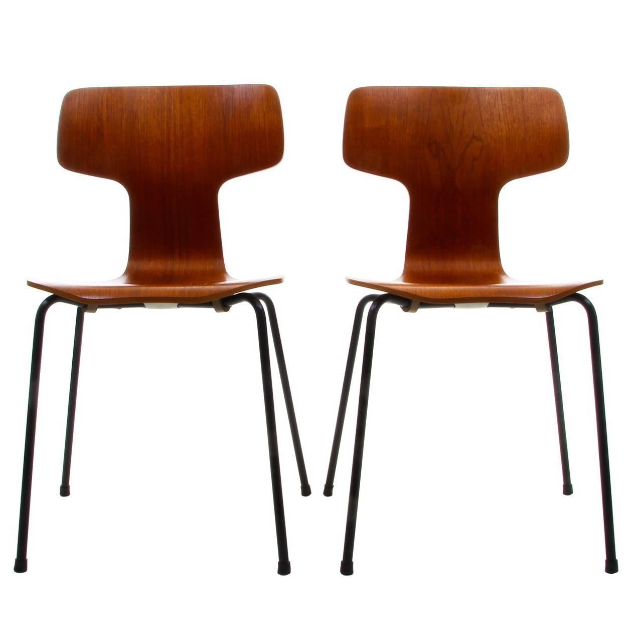 Two Teak T-Chairs, Model 3103 Dining Chairs by Arne Jacobsen, Fritz Hansen, 1955 For Sale