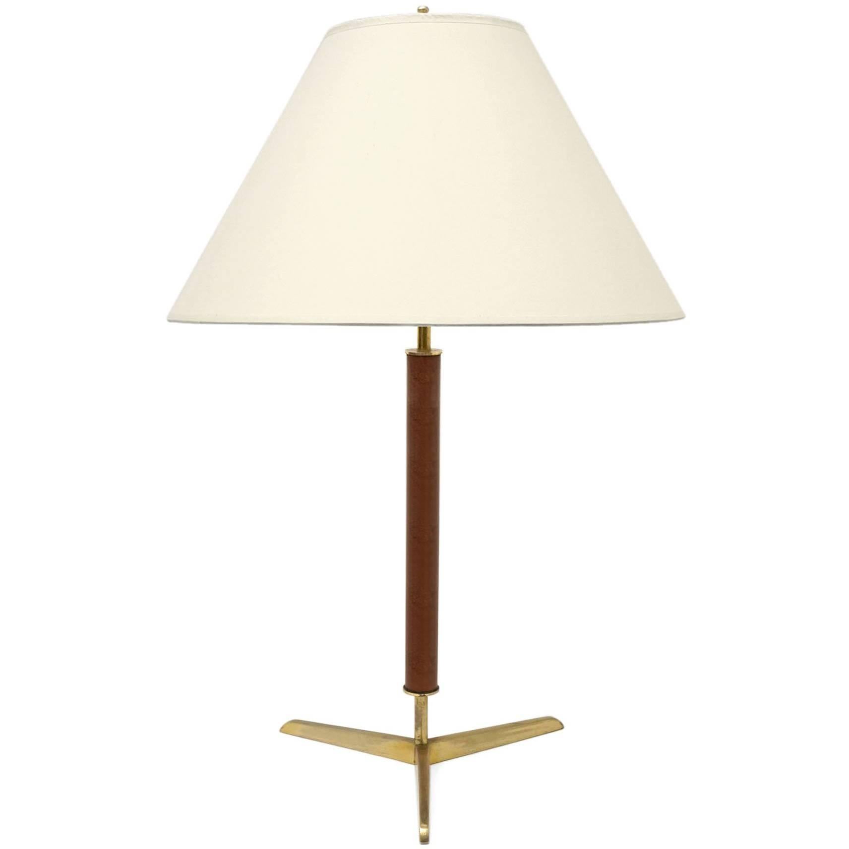 Brown Leather Clad and Brass Table Lamp on Tripod Brass Base, Spain, circa 1940s For Sale