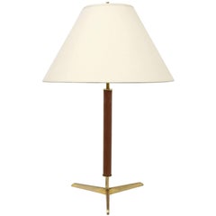 Brown Leather Clad and Brass Table Lamp on Tripod Brass Base, Spain, circa 1940s