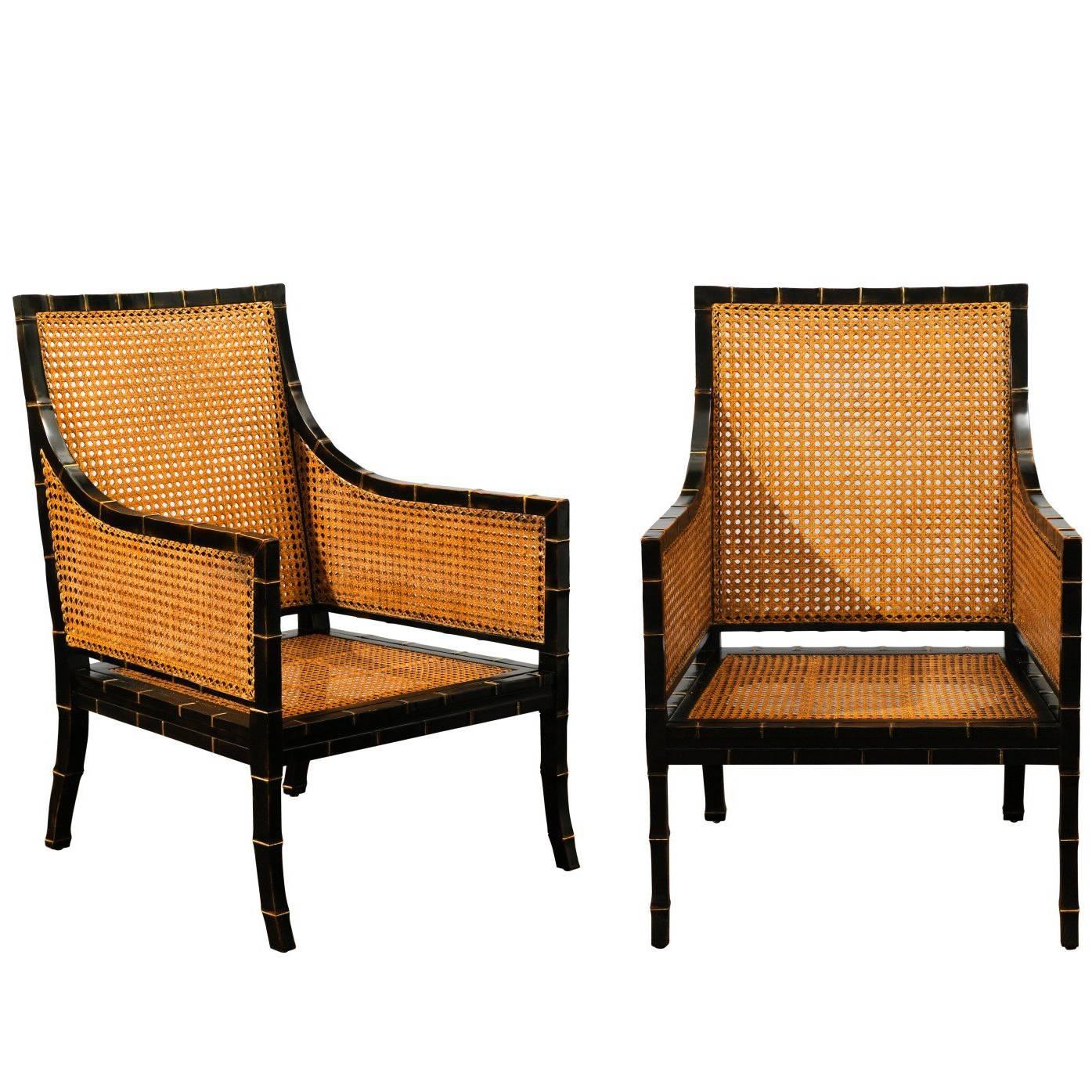 Beautiful Restored Pair of Large Scale Double-Sided Cane Club Chairs