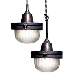 Pair of Small Industrial Fluted Dome Pendants