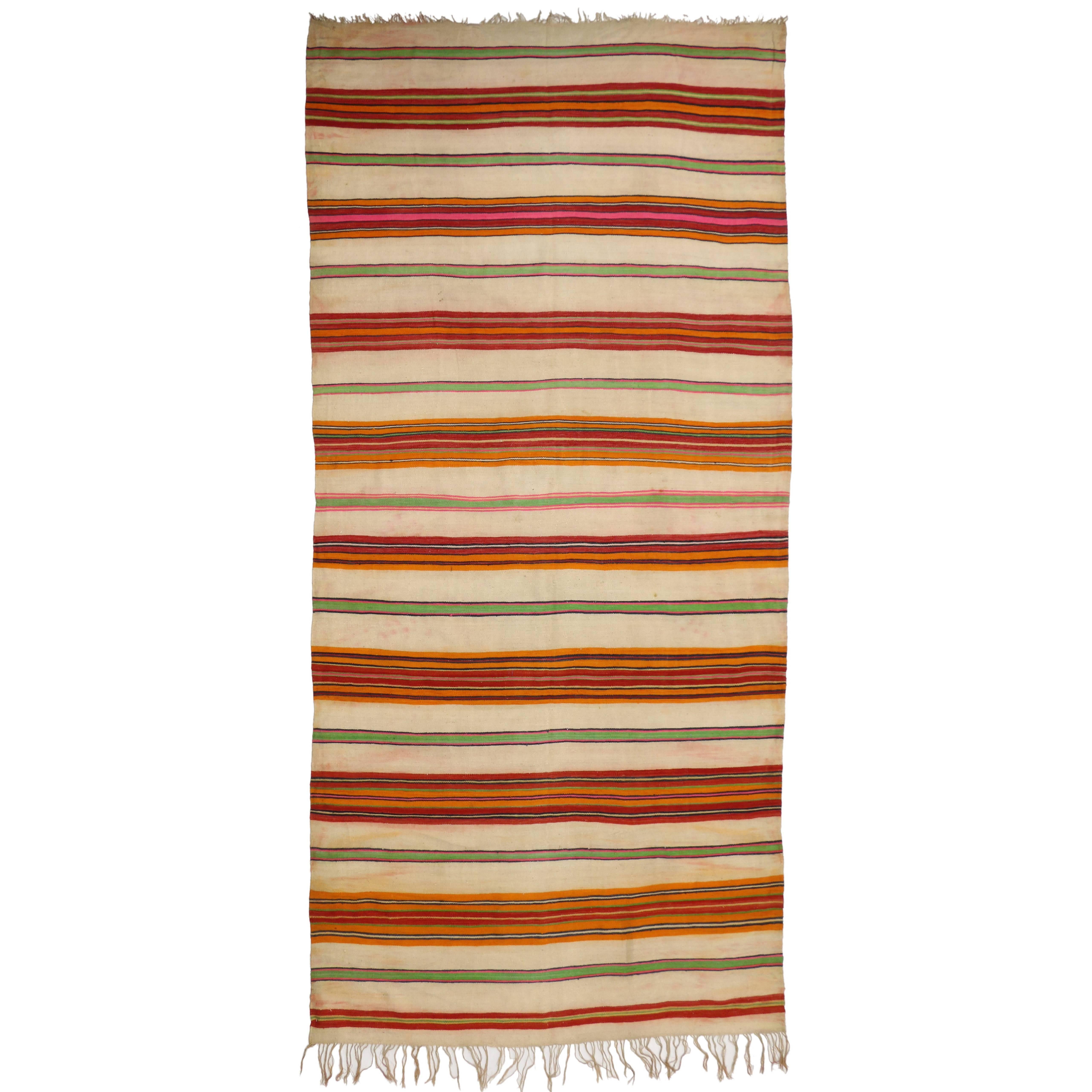 Hand-Woven Vintage Berber Moroccan Striped Kilim Rug with Tribal Boho Chic Style For Sale