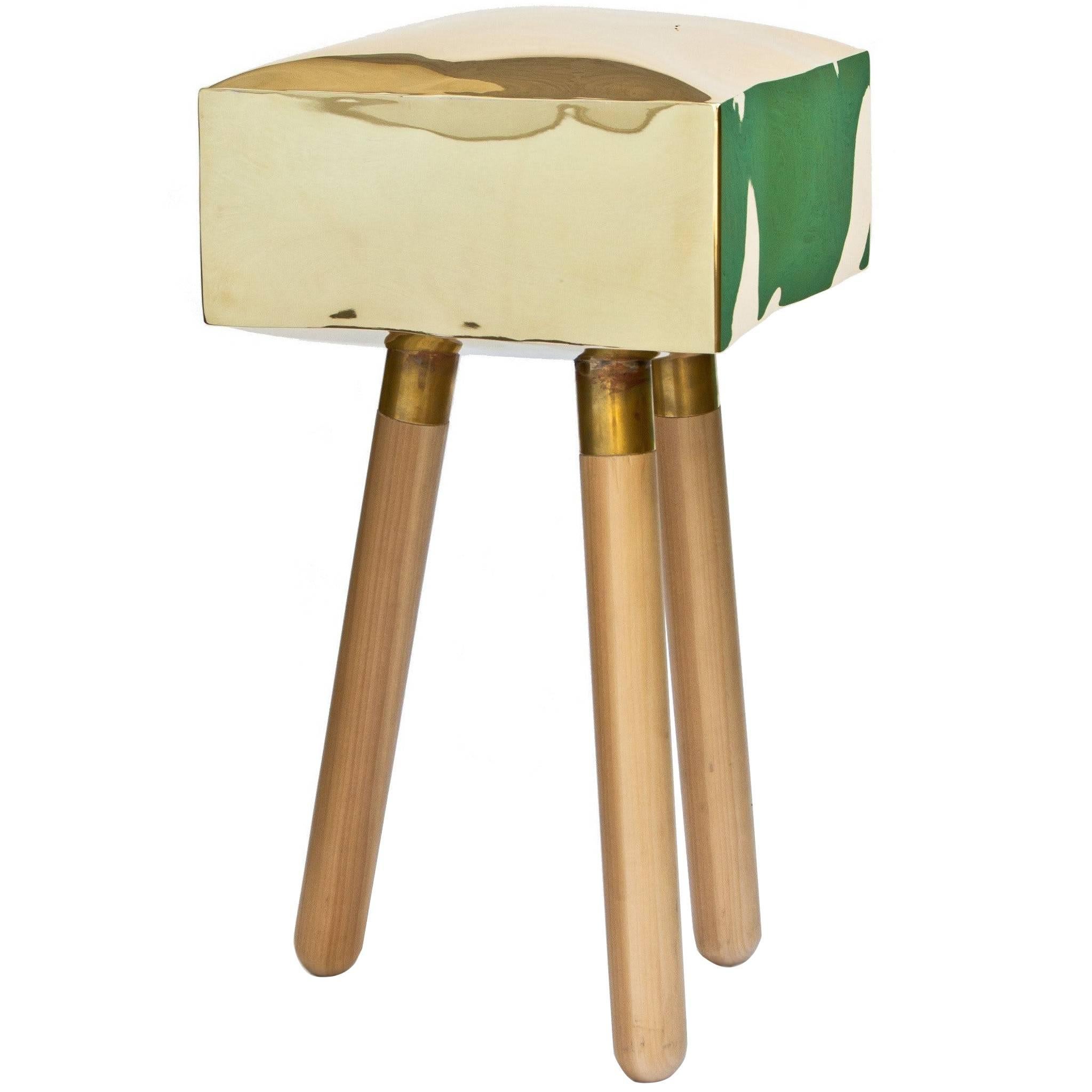 Icenine Bar Stool Side Table in Brass and Oak For Sale