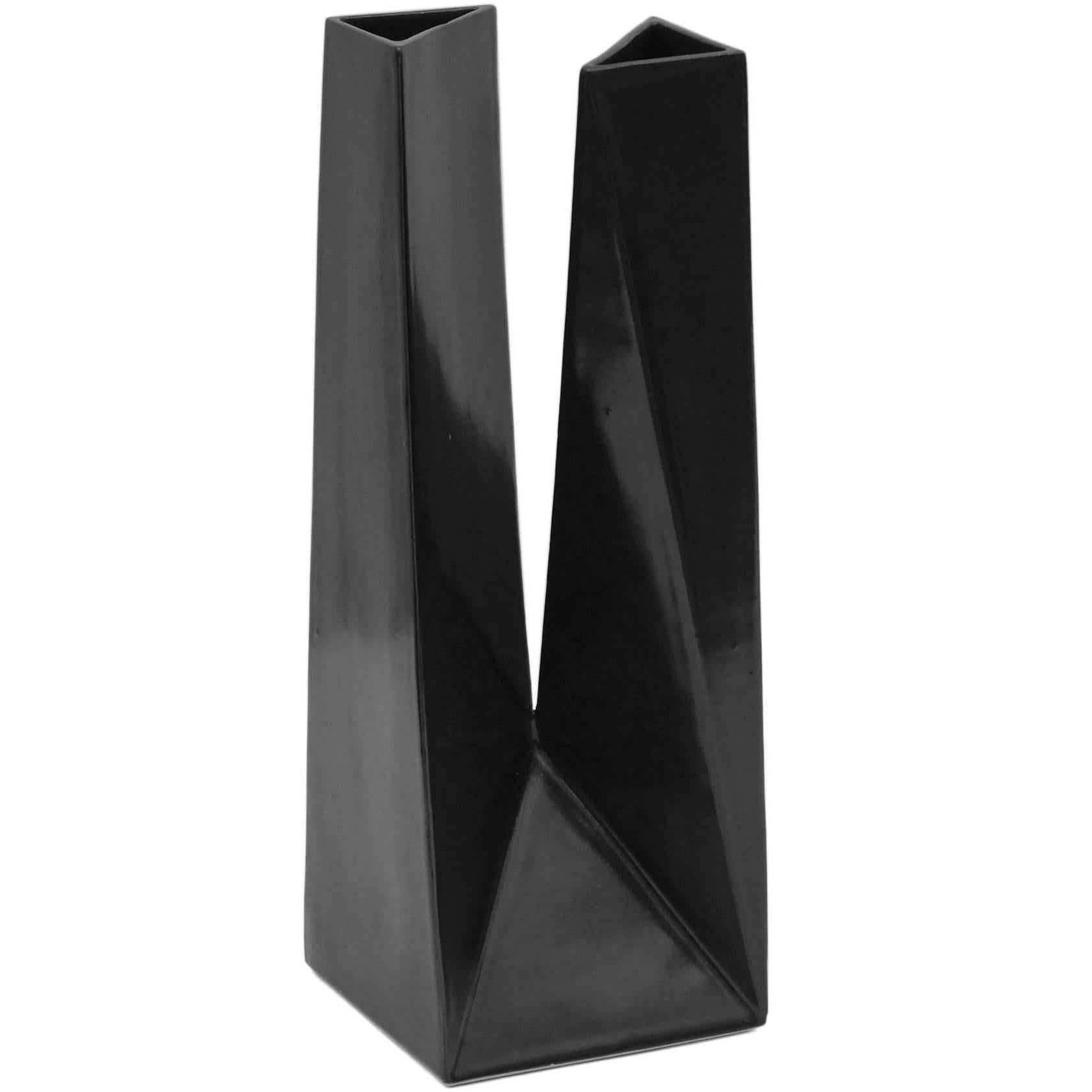 Geometric Black Ceramic Studio Vase by Jo Freynes For Sale