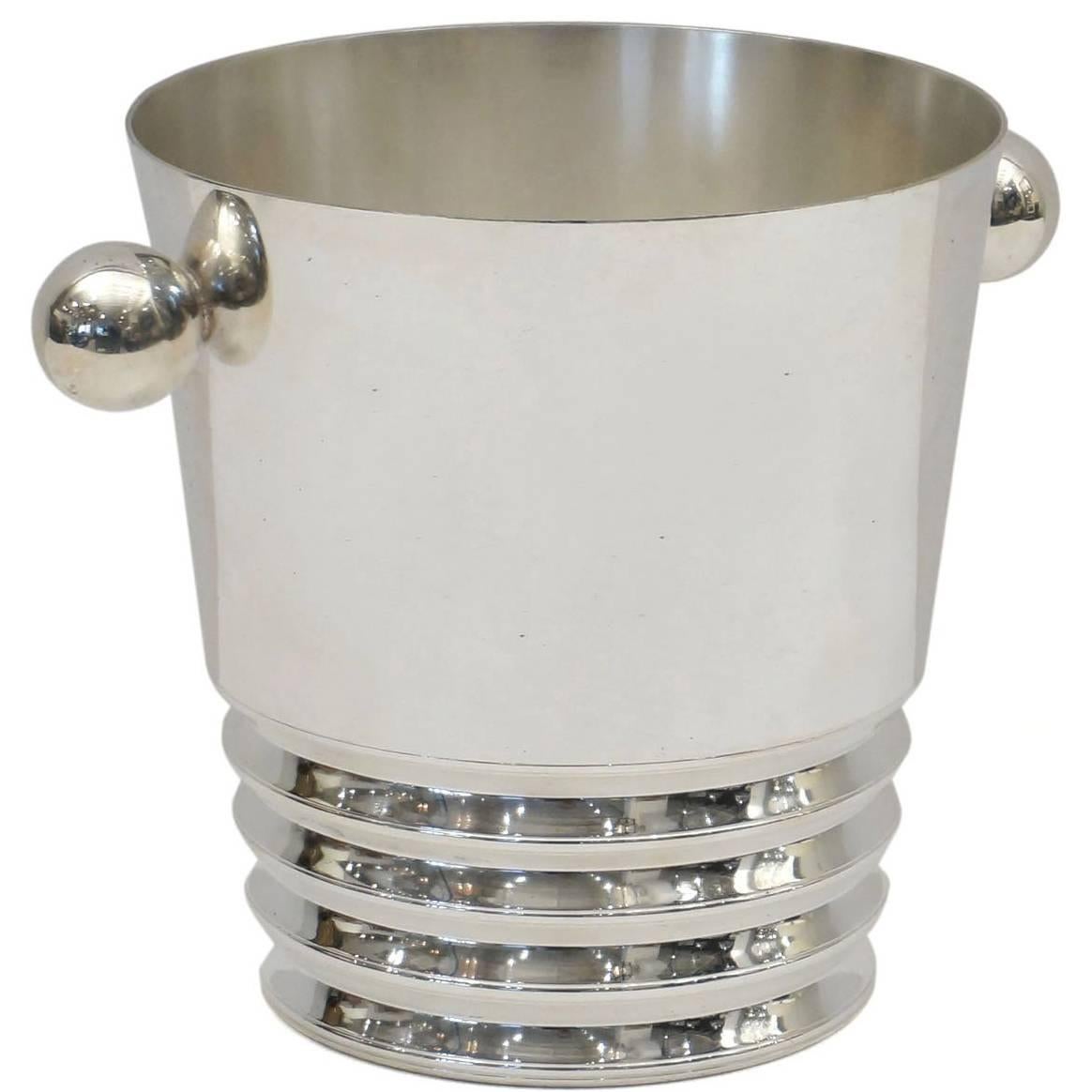 French Mid Century Silver Plate Ice Bucket with Ball Handles For Sale