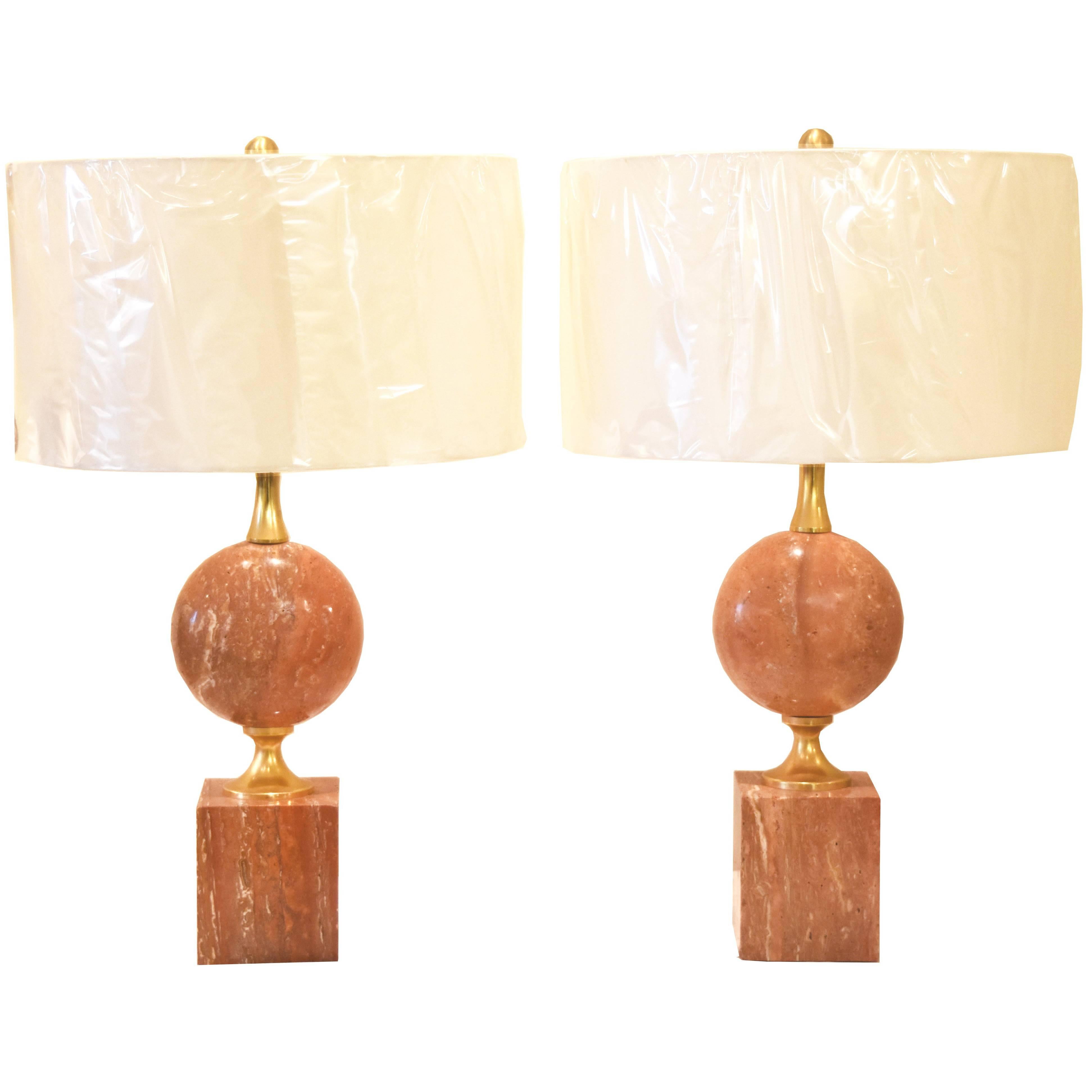 Pair of French Pink or Coral Travertine Maison Barbier Lamps