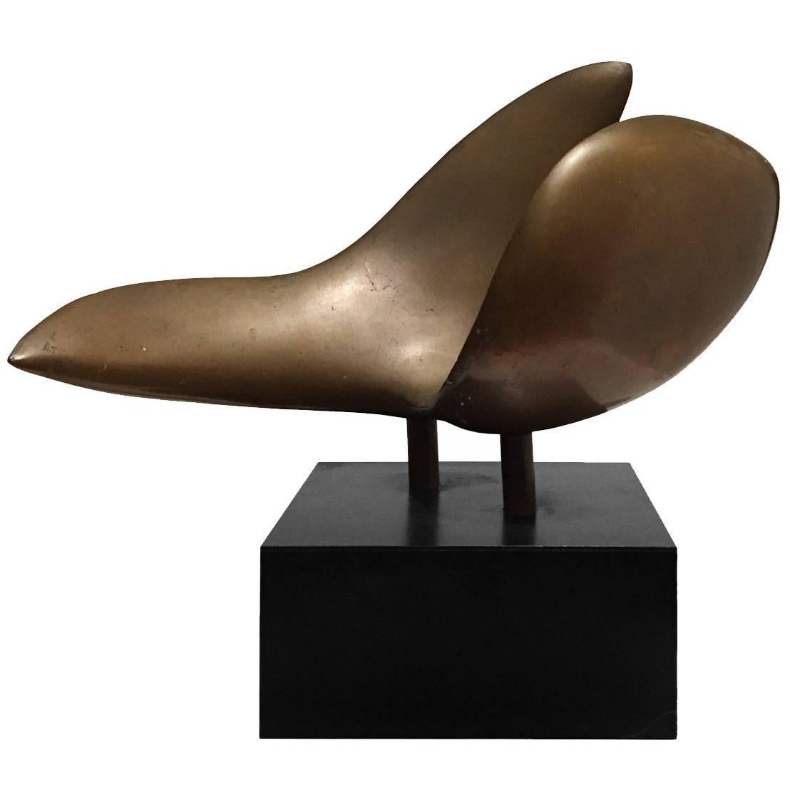 1970s Abstract Bronze Curved Wing Sculpture on Black Base