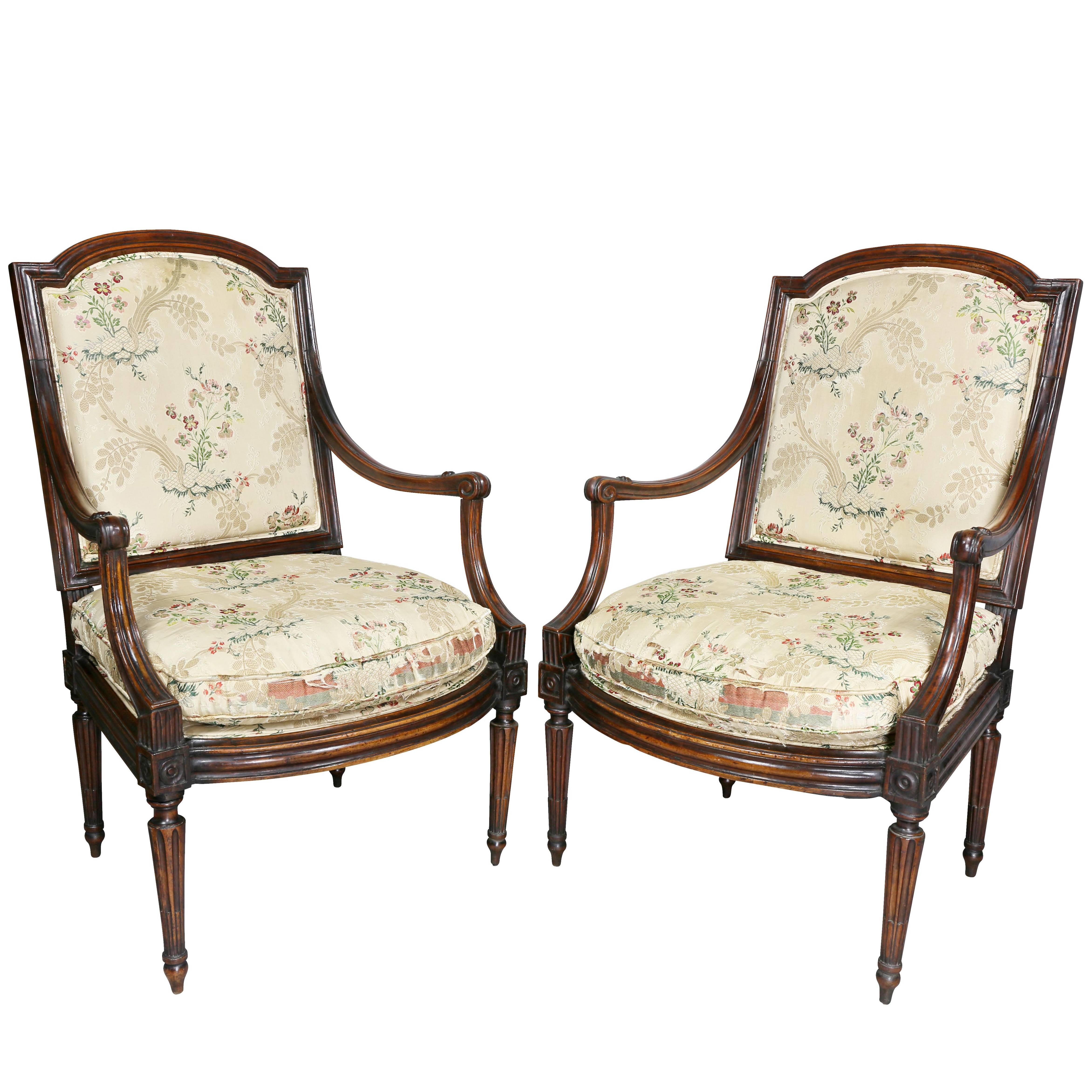 Pair of Italian Neoclassic Walnut Armchairs
