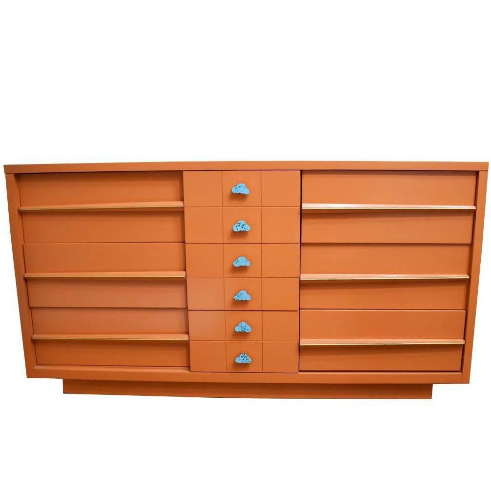 Mid-Century Orange Lacquered Credenza or Dresser with Turquoise and Brass Pulls