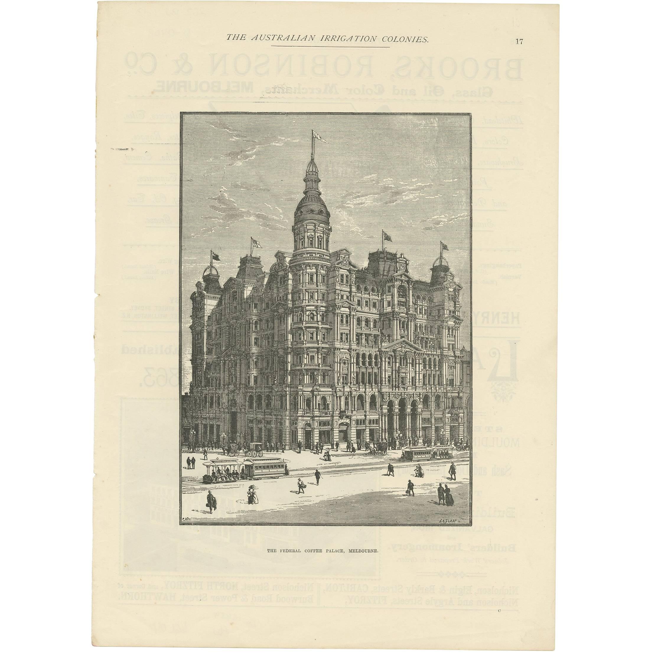 Antique Print of the Federal Coffee Palace, ‘Melbourne, Australia’