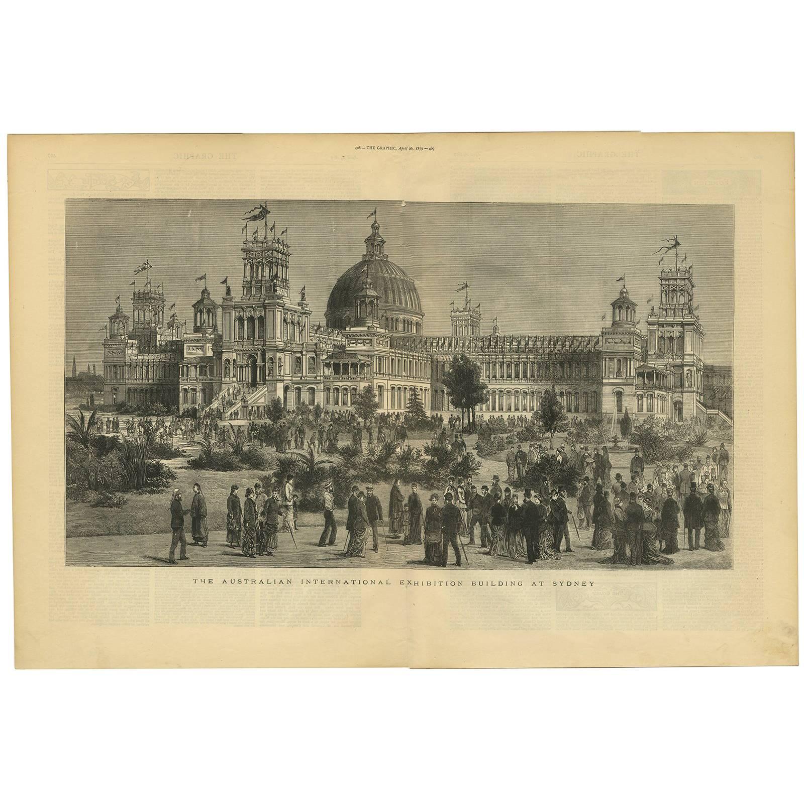 Stampa antica dell'edificio dell'Esposizione Internazionale Australiana a Sydney
