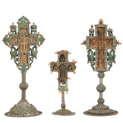 Antique Set of Three Silvered Crosses with Coral and Precious Stones