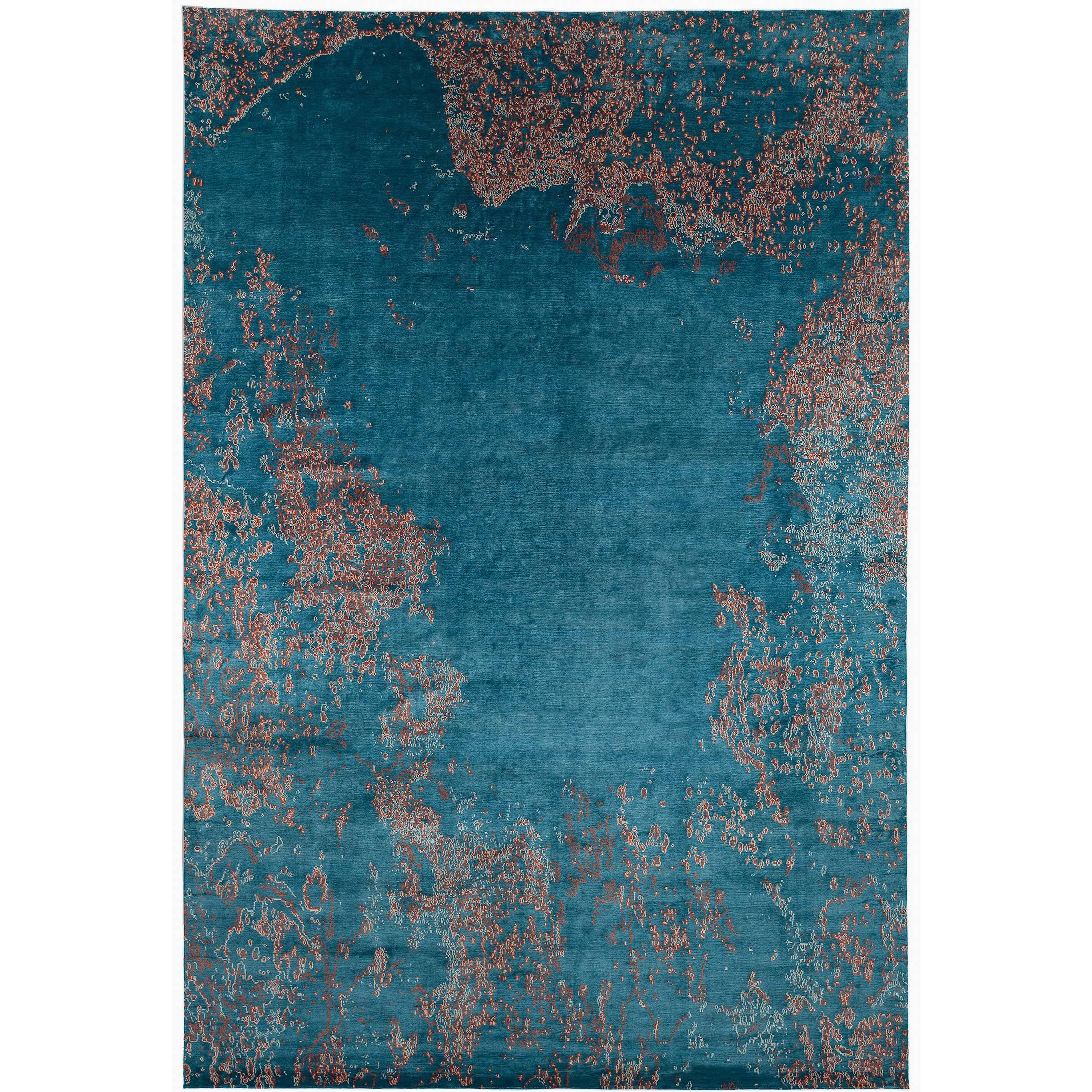 Aqua Blue Silk Area Rug with Organic Design by Carini  9x13