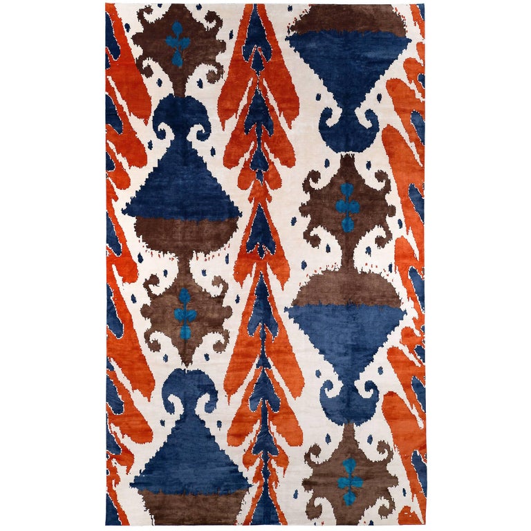 Orange and Blue Silk Ikat Area Rug 6x9 For Sale at 1stdibs