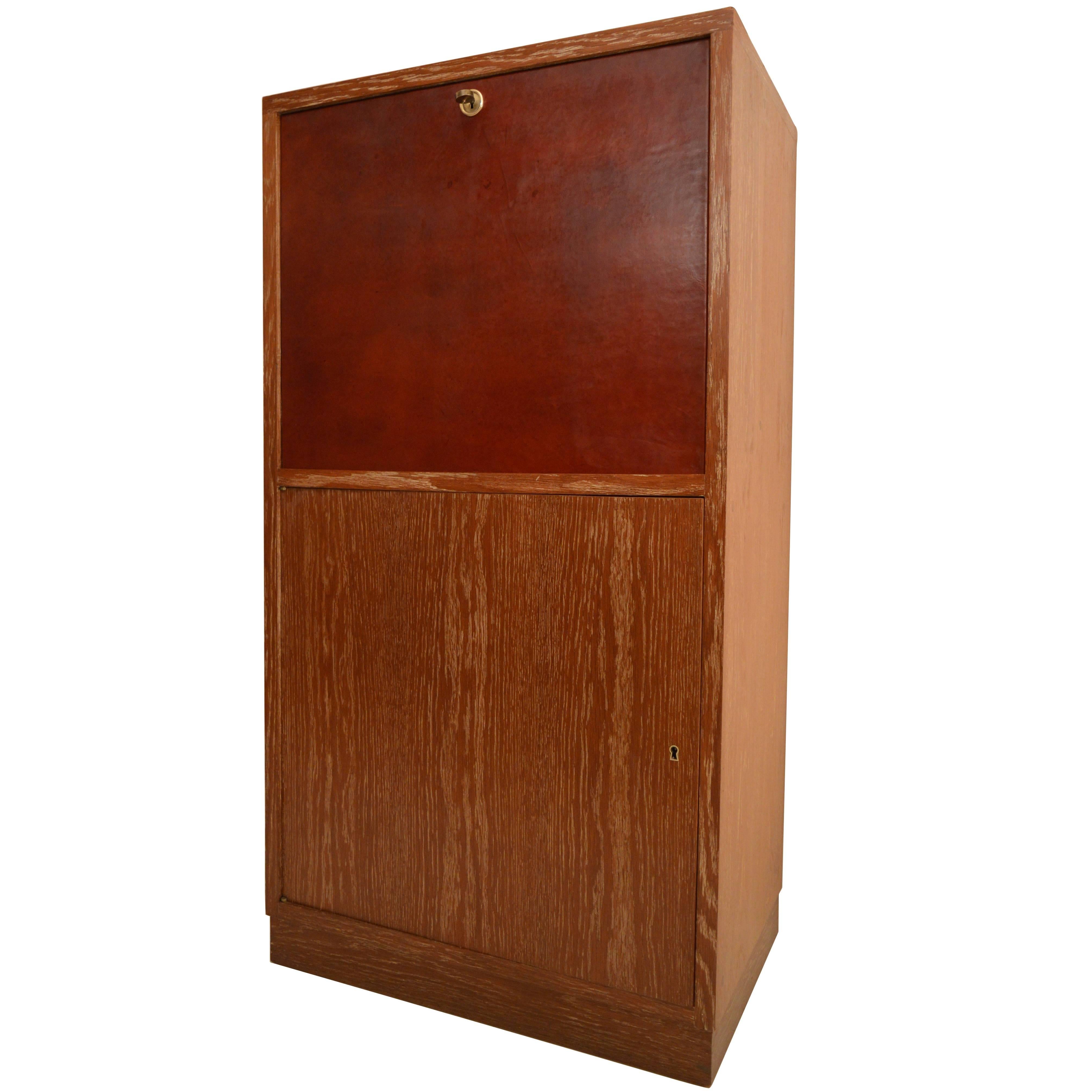 Art Deco Secretary in Oak with Door Covered in Core-Leather by Charles Dudouyt