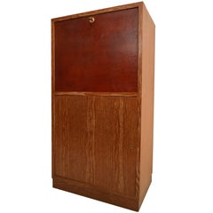 Art Deco Secretary in Oak with Door Covered in Core-Leather by Charles Dudouyt