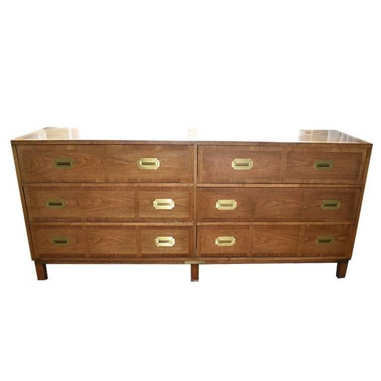 Mid-century Wood Campaign 6 Drawer Dresser Baker Furniture Co with Brass Pulls