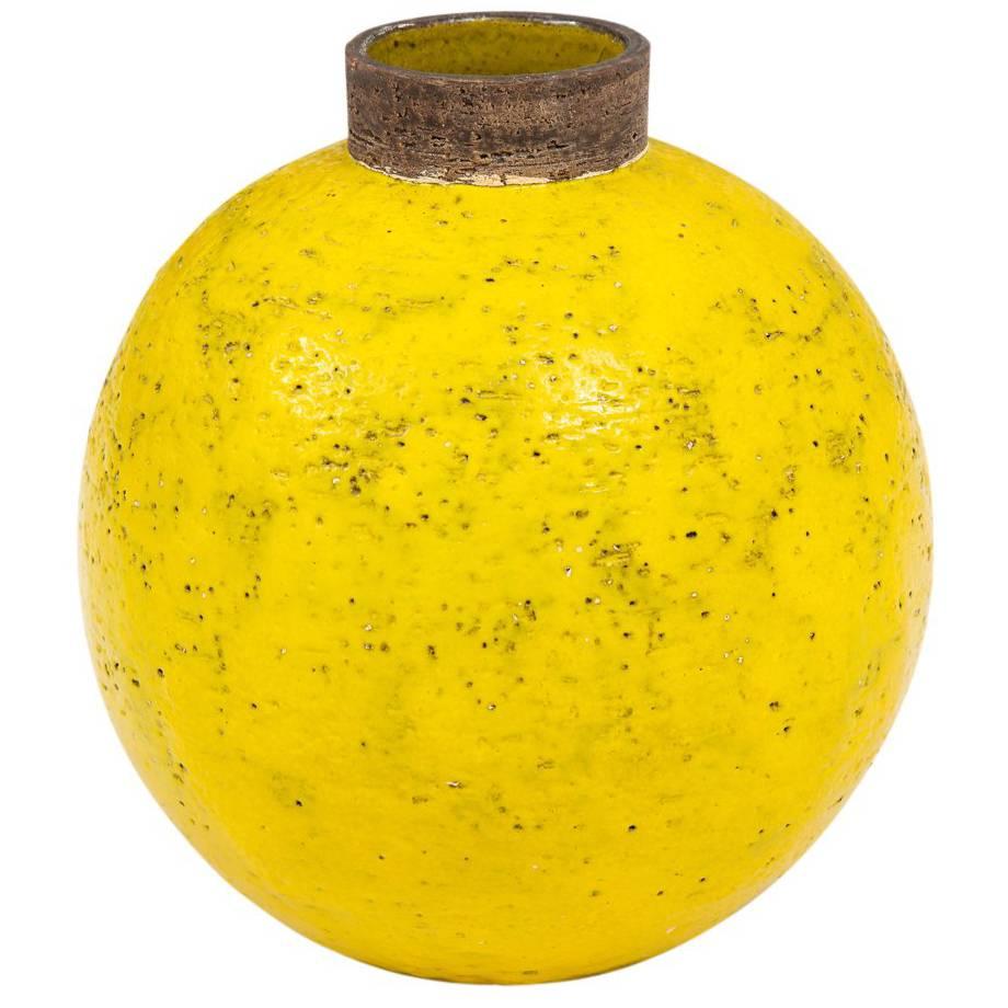 Bitossi Ceramic Vase Yellow Brown Round Pottery Signed, Italy, 1960s